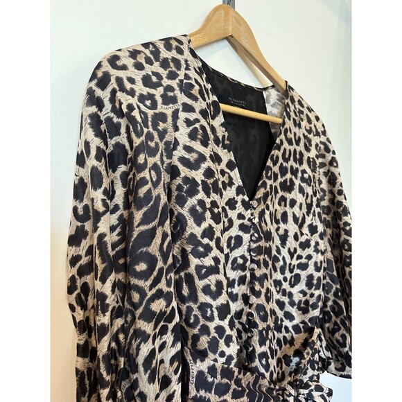 All Saints Ilora Leppo Leopard Print Silk Linen Blend 3/4 Sleeve Mini Dr… - Picture 6 of 11